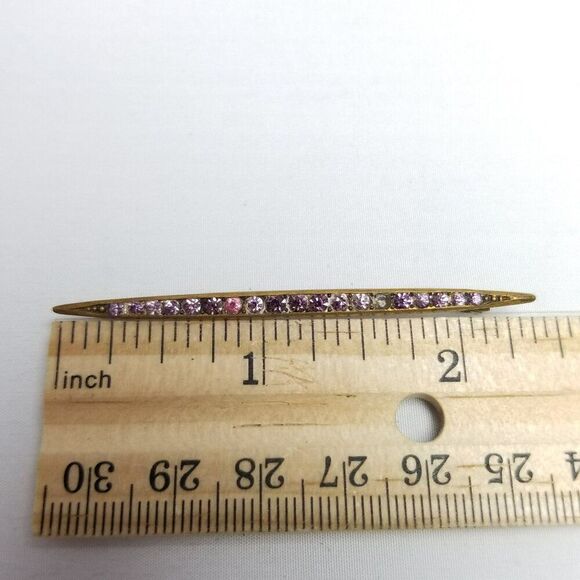 Vintage Skinny Pink Purple Rhinestone Bar Brooch, Gold Tone Setting, Estate - Picture 5 of 8